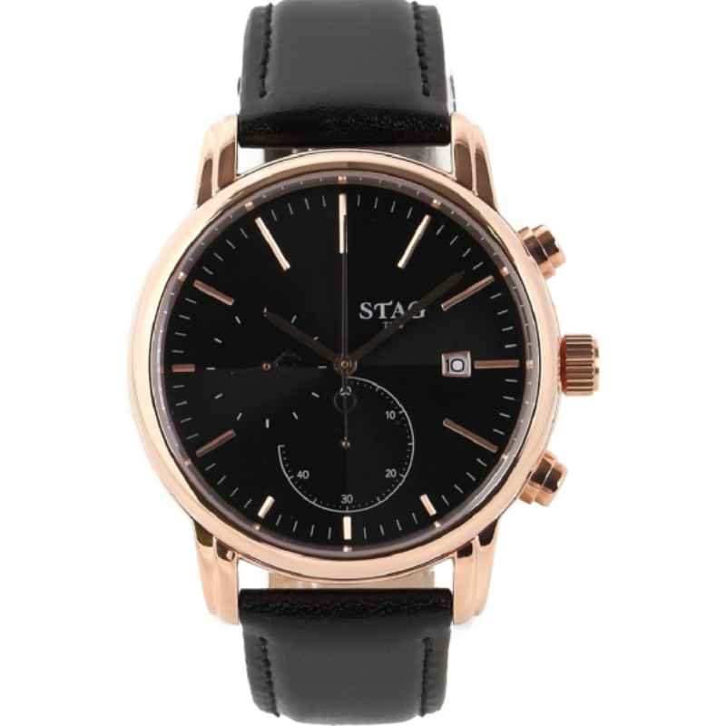STAG TYO Japan Men’s Quartz Black Leather Strap Black Dial 48mm Watch STG021P1