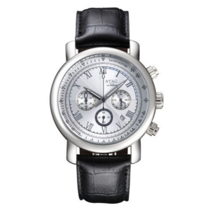 STAG TYO Japan Men’s Quartz Black Leather Strap Silver Dial 43mm Watch STG010S5