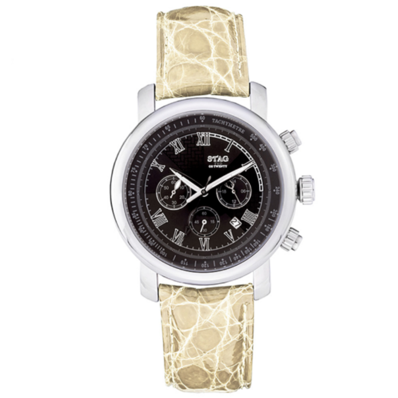 STAG TYO Men’s Quartz Beige Leather Strap Black Dial 43mm Watch STG010S4