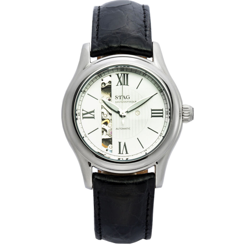 STAG TYO Japan Men’s Automatic Black Crocodile Leather Strap White Dial 38mm Watch STG003S2