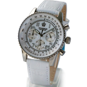 GRANDEUR Japan Men’s Chronograph Quartz White Leather Strap White Dial 40mm Watch JOSC028W4