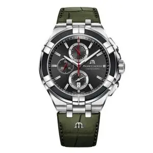 Maurice Lacroix Men’s Quartz Swiss Made Green Leather Strap Black Dial 44mm Watch AI1018-PVB21-3301