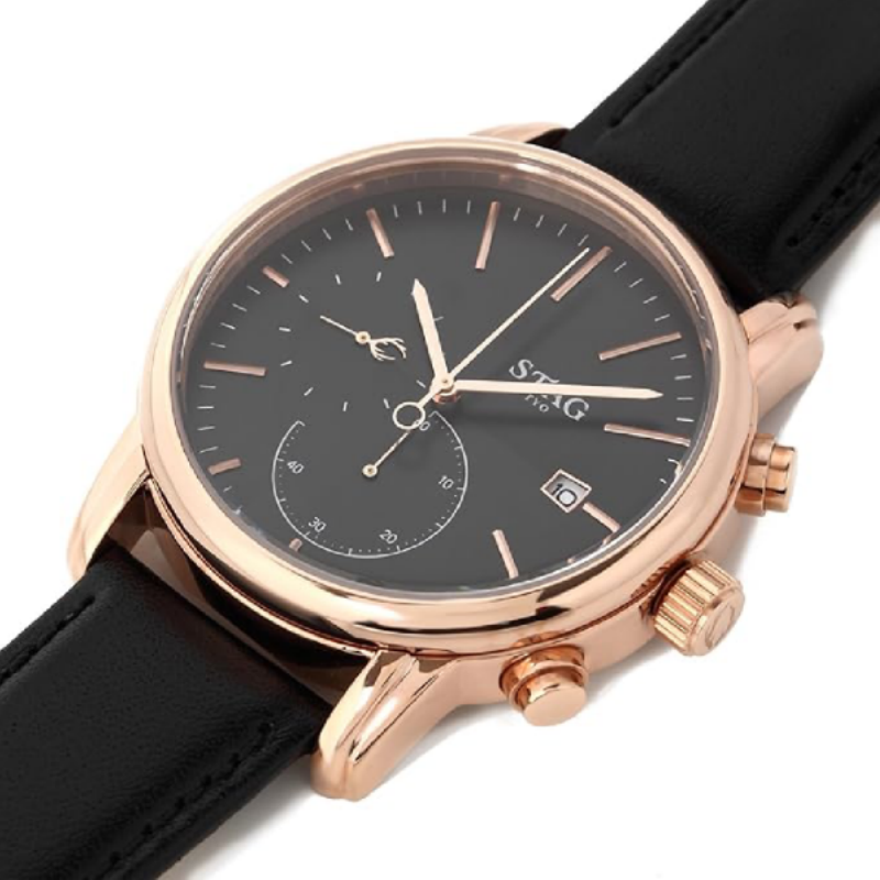 STAG TYO Japan Men’s Quartz Black Leather Strap Black Dial 48mm Watch STG021P1 - Image 2