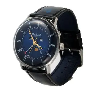 Alternative view of GRANDEUR PLUS Japan Men’s Quartz Leather Strap Blue Dial 44mm Moonphase Watch GRP014W2