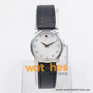 Movado Women’s Quartz Swiss Made Black Leather Strap Mother of Pearl Dial 28mm Watch 0606612-1