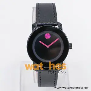 Movado Women’s Quartz Swiss Made Black Leather Strap Black Dial 36mm Watch 3600482