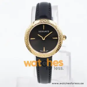 Versace Women’s Quartz Swiss Made Black Leather Strap Black Dial 28mm Watch VERF00318