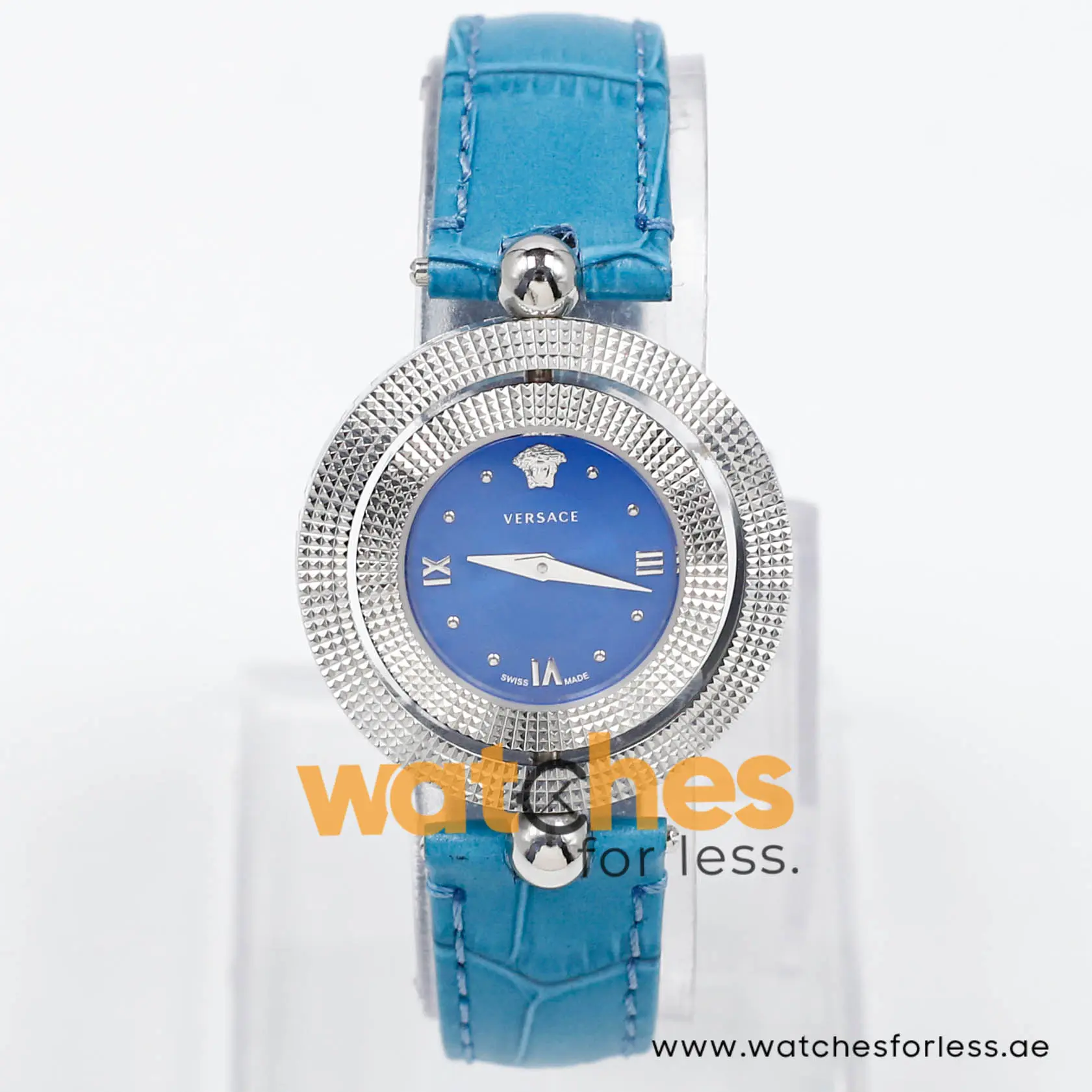 Versace Women’s Quartz Swiss Made Sky Blue Leather Strap Blue Dial 34mm Watch VE7900220