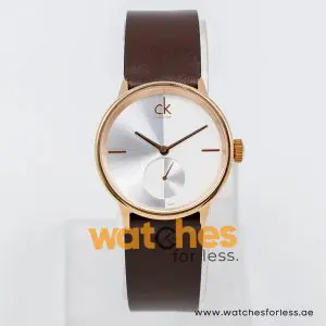 Calvin Klein Women’s Swiss Made Quartz Dark Brown Leather Strap Silver & White Dial 32mm Watch K2Y236K6-1