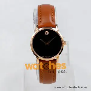 Movado Museum Women’s Quartz Swiss Made Brown Leather Strap Black Dial 28mm Watch 0607320