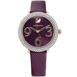 SWAROVSKI Women’s Swiss Made Quartz Burgundy Leather Strap Burgundy Dial 34mm Watch 5484064