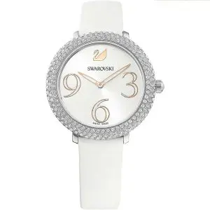 SWAROVSKI Women’s Swiss Made Quartz White Leather Strap Silver Sunray Dial 34mm Watch 5484070
