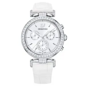 SWAROVSKI Women’s Swiss Made Quartz White Leather Strap Silver Sunray Dial 38mm Watch 5295346