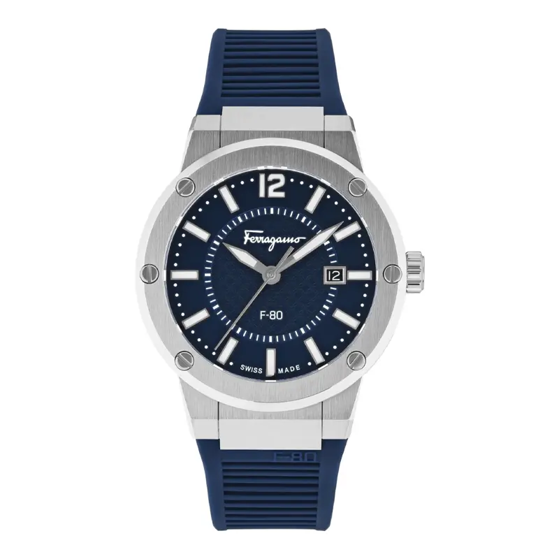 Ferragamo Men’s Swiss Made Quartz Blue Silicone Strap Blue Dial 44mm Watch SFHY01022