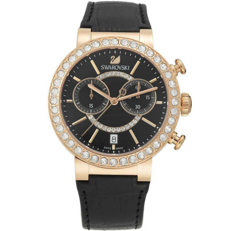 SWAROVSKI Women’s Swiss Made Quartz Black Leather Strap Black Dial 38mm Watch 5055209