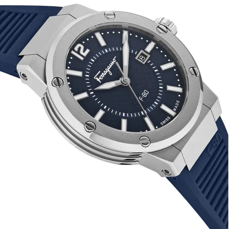Ferragamo Men’s Swiss Made Quartz Blue Silicone Strap Blue Dial 44mm Watch SFHY01022