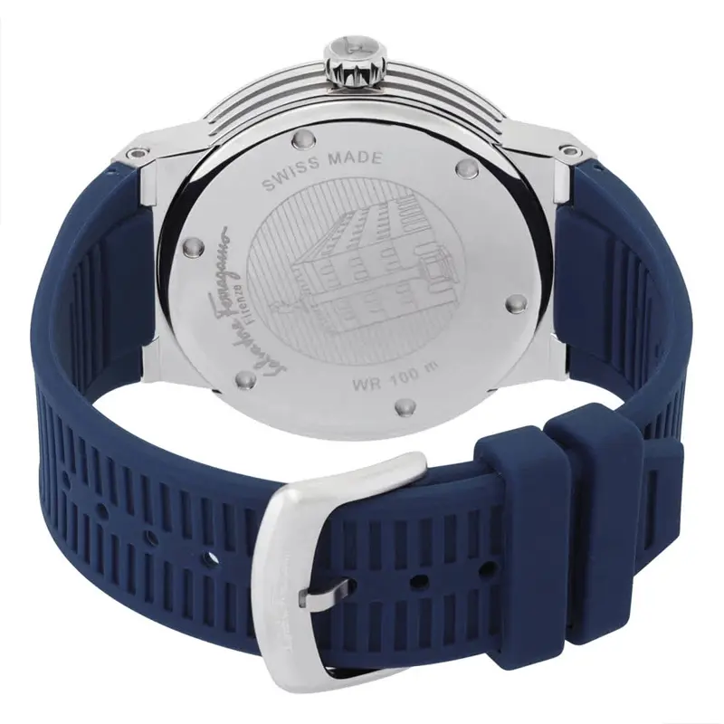 Ferragamo Men’s Swiss Made Quartz Blue Silicone Strap Blue Dial 44mm Watch SFHY01022