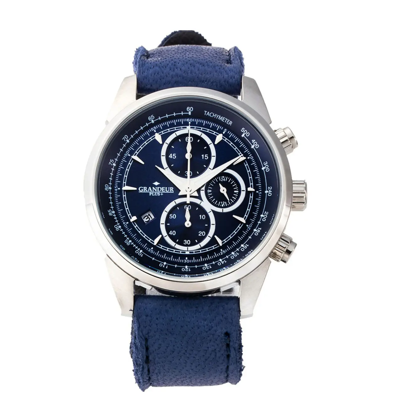 GRANDEUR PLUS Japan Chronograph Men’s Quartz Leather Strap Blue Dial 51mm Watch GRP001E2