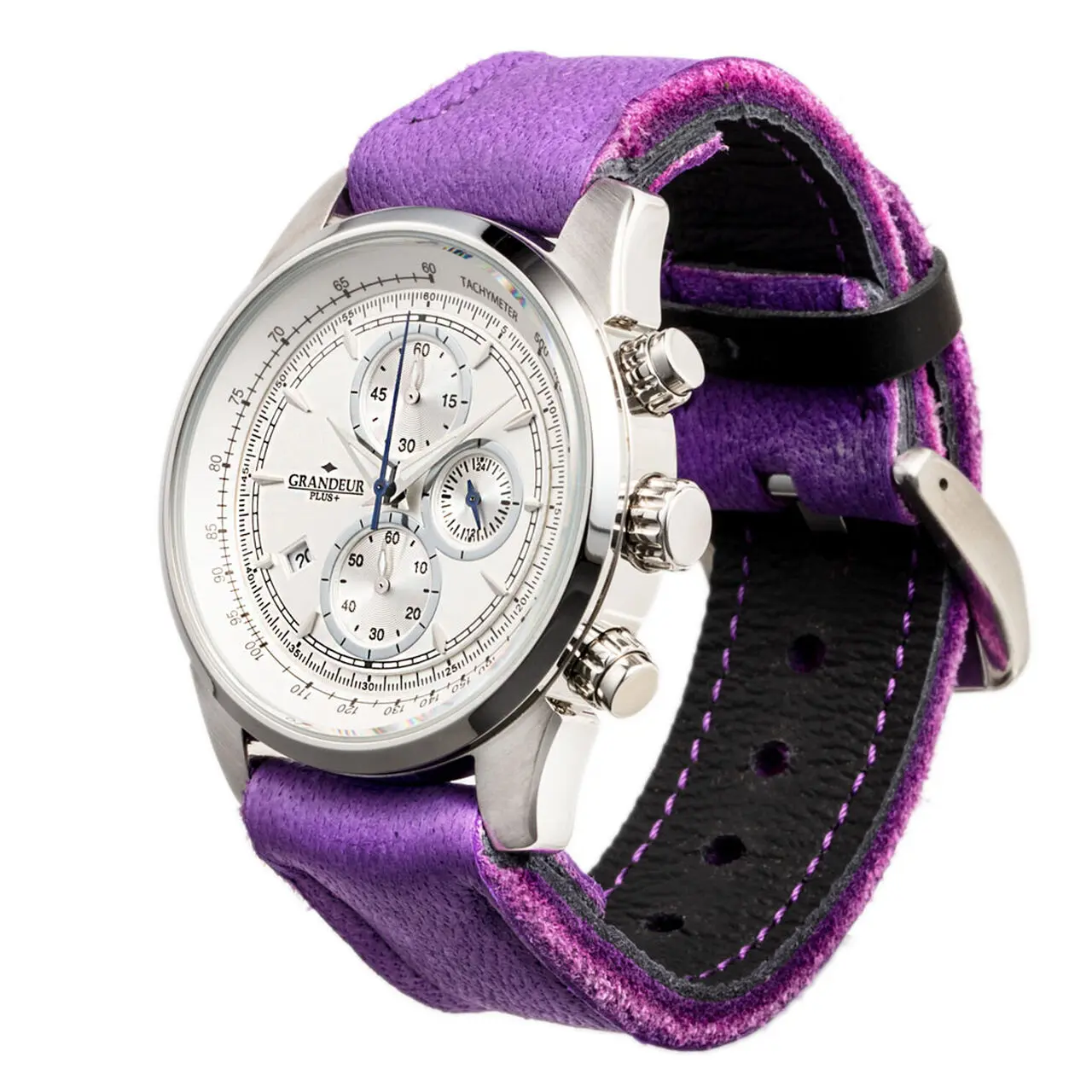 GRANDEUR PLUS Japan Chronograph Men’s Quartz Leather Strap White Dial 51mm Watch GRP001E5