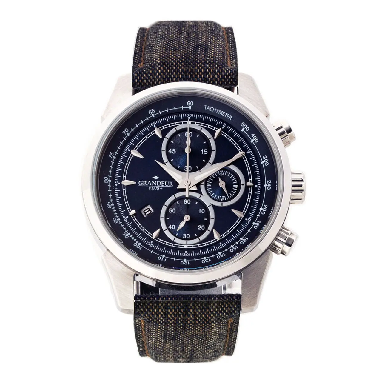 GRANDEUR PLUS Japan Chronograph Men’s Quartz Kakishibu Denim Strap Blue Dial 51mm Watch GRP001K2