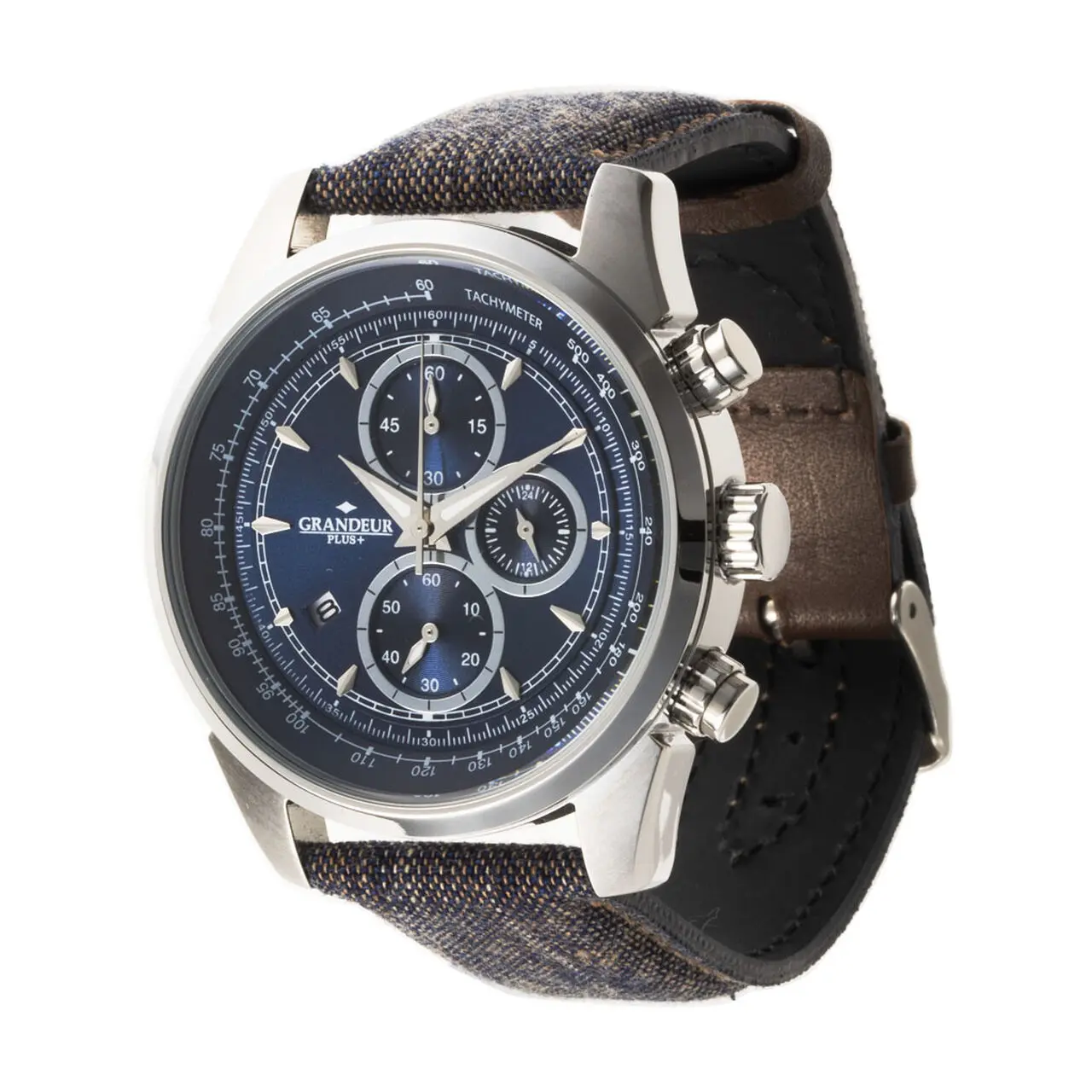 GRANDEUR PLUS Japan Chronograph Men’s Quartz Kakishibu Denim Strap Blue Dial 51mm Watch GRP001K2 - Image 2