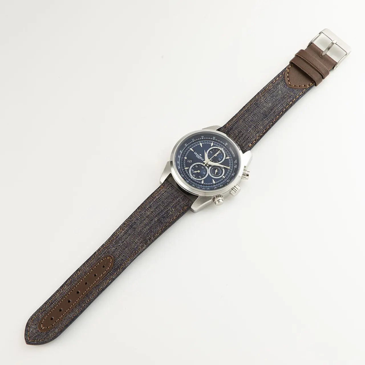 GRANDEUR PLUS Japan Chronograph Men’s Quartz Kakishibu Denim Strap Blue Dial 51mm Watch GRP001K2 - Image 5