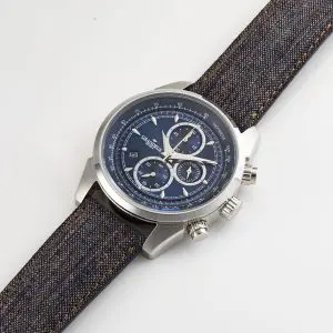 GRANDEUR PLUS Japan Chronograph Men’s Quartz Kakishibu Denim Strap Blue Dial 51mm Watch GRP001K2
