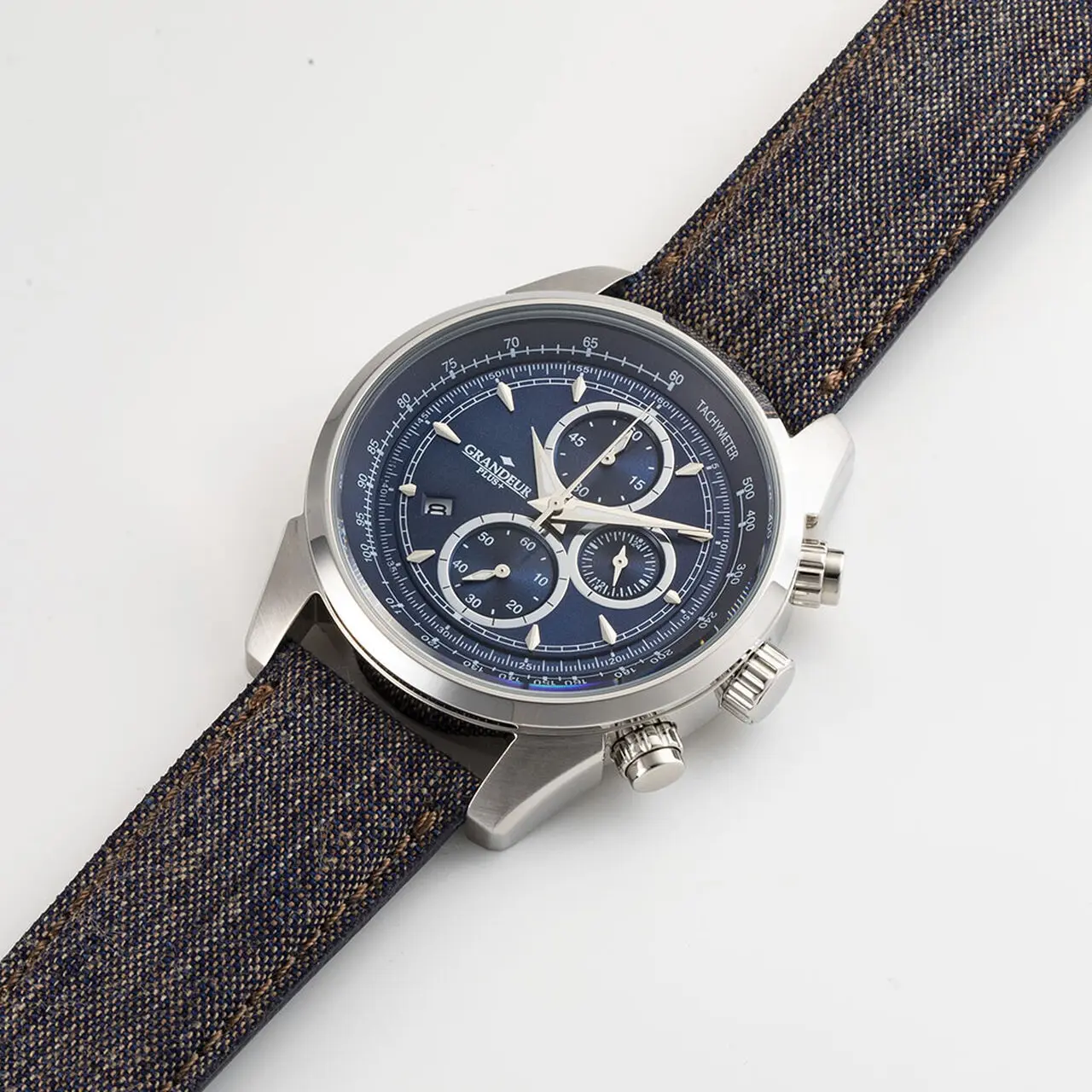 GRANDEUR PLUS Japan Chronograph Men’s Quartz Kakishibu Denim Strap Blue Dial 51mm Watch GRP001K2