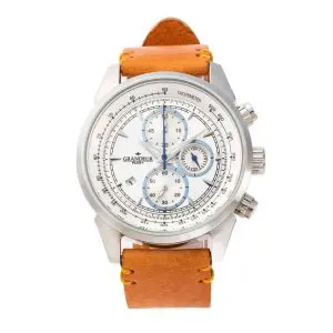 GRANDEUR PLUS Japan Chronograph Men’s Quartz Leather Strap White Dial 51mm Watch GRP001W1