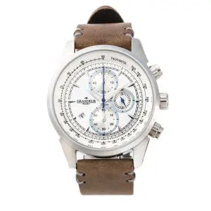 GRANDEUR PLUS Japan Chronograph Men’s Quartz Leather Strap White Dial 51mm Watch GRP001W5