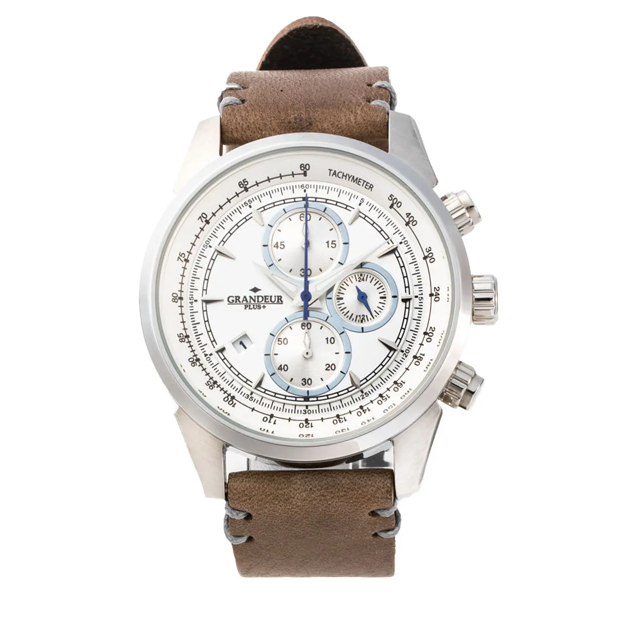 GRANDEUR PLUS Japan Chronograph Men’s Quartz Leather Strap White Dial 51mm Watch GRP001W5