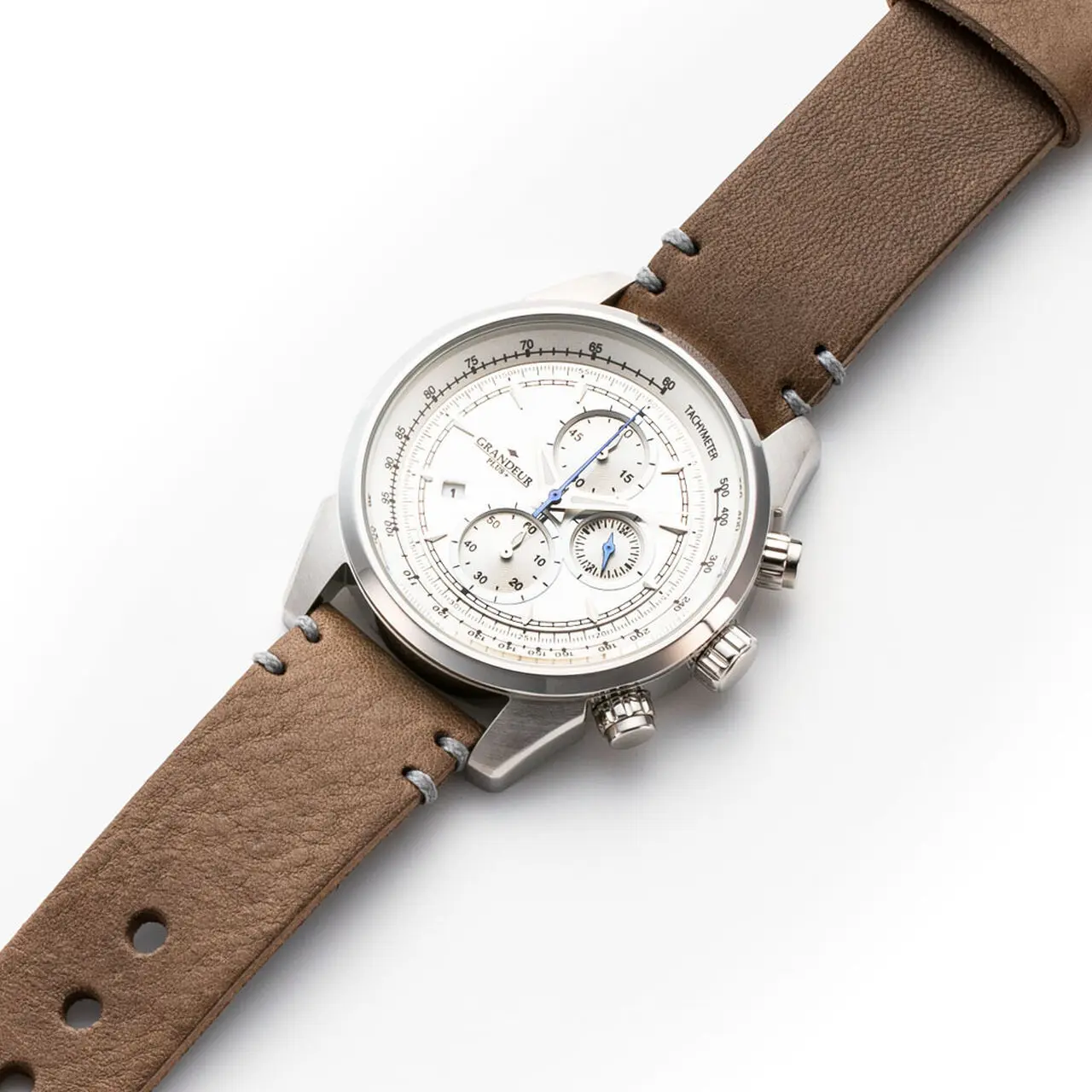 GRANDEUR PLUS Japan Chronograph Men’s Quartz Leather Strap White Dial 51mm Watch GRP001W5