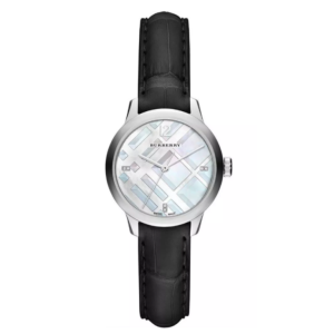 Burberry Women’s Swiss Made Quartz Black Leather Strap Mother Of Pearl Dial 32mm Watch BU10106 (Without Tag)