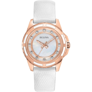 Bulova Women’s Quartz White Leather Strap Mother Of Pearl Dial 32mm Watch 98P119 (Without Tag)