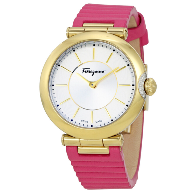 Ferragamo Women’s Swiss Made Quartz Pink Leather Strap Silver Dial 36mm Watch FIN030015 (Without Tag)