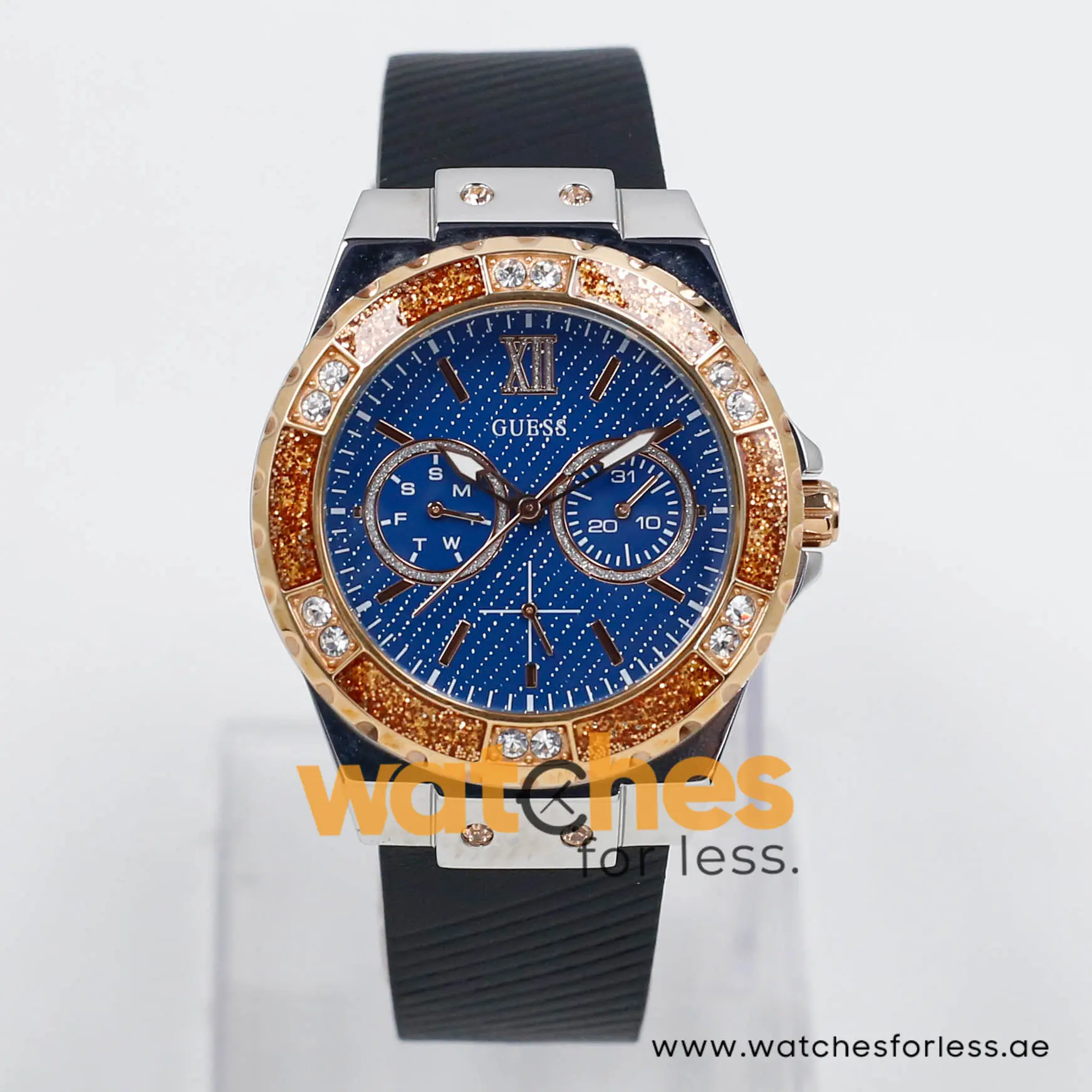 Guess Women’s Quartz Black Leather Strap Blue Dial 39mm Watch W0775L10-2 (Shelf Leftover)