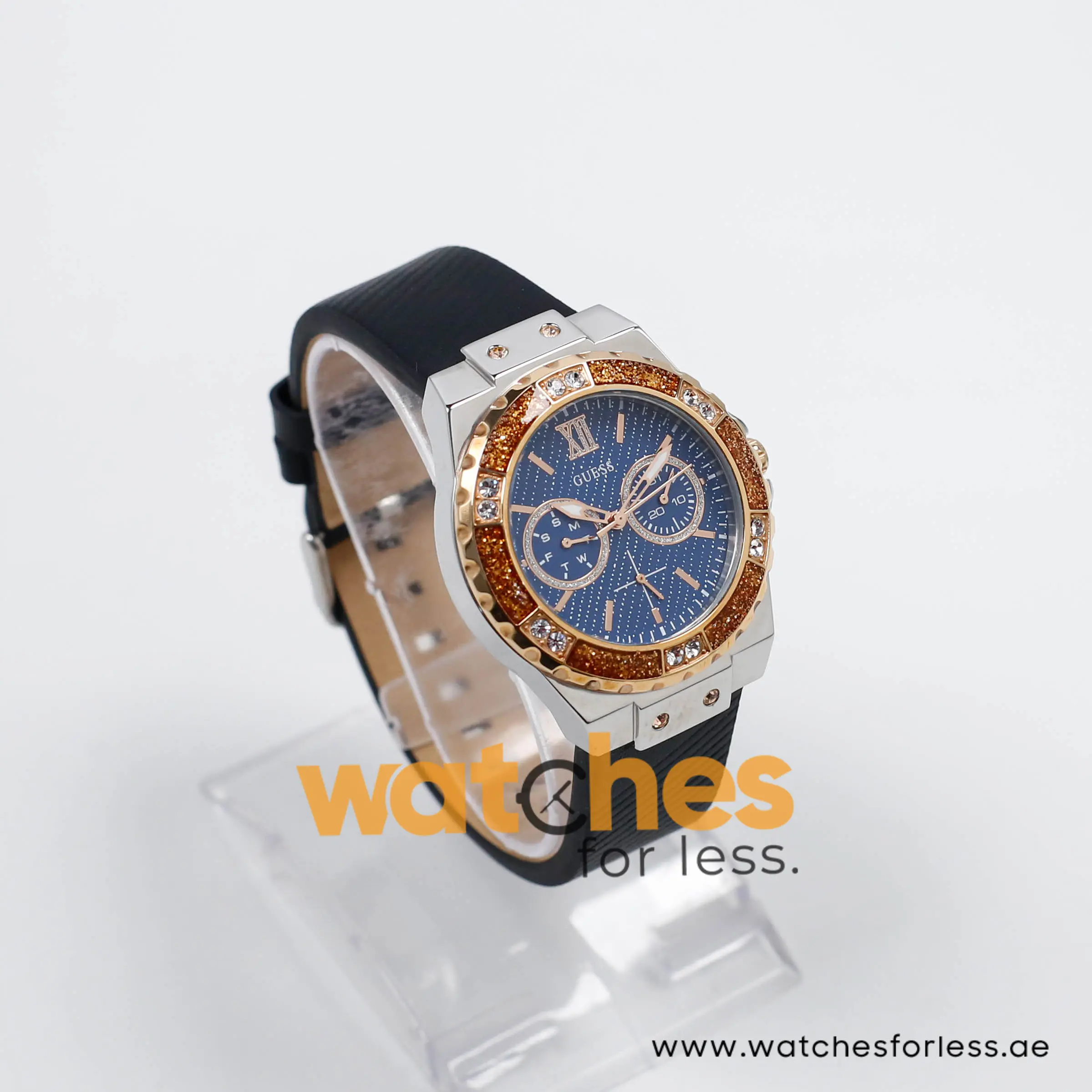 Guess Women’s Quartz Black Leather Strap Blue Dial 39mm Watch W0775L10-2 (Shelf Leftover)
