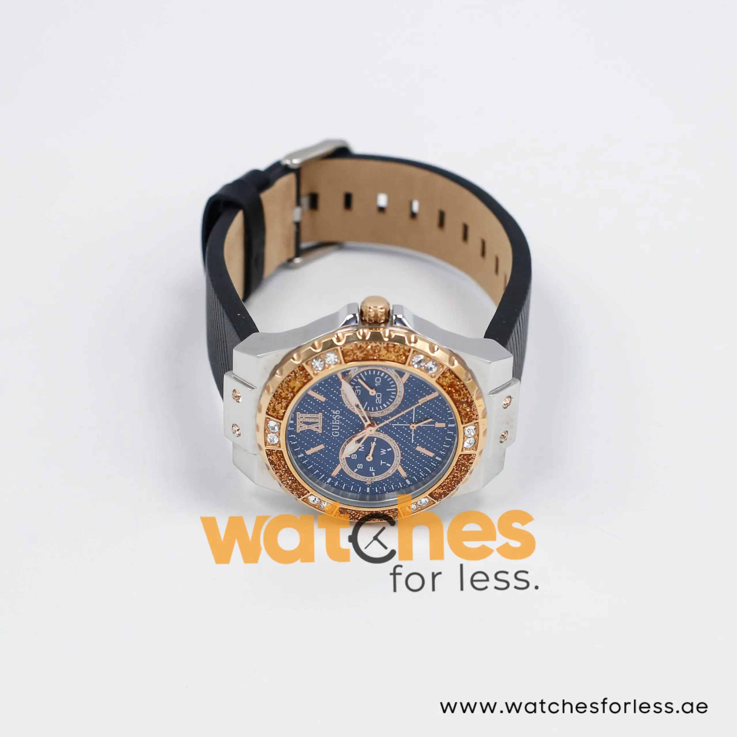 Guess Women’s Quartz Black Leather Strap Blue Dial 39mm Watch W0775L10-2 (Shelf Leftover)