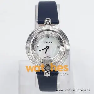 Versace Women’s Quartz Swiss Made Dark Blue Leather Strap Mother Of Pearl Dial 34mm Watch P417544 (Shelf Leftover)