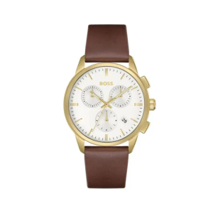 Hugo Boss Men’s Chronograph Quartz Brown Leather Strap White Dial 43mm Watch 1513926