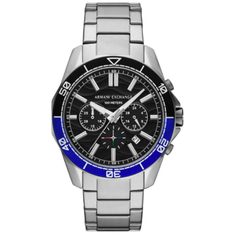 Armani Exchange Men’s Chronograph Quartz Silver Stainless Steel Black Dial 44mm Watch AX7166