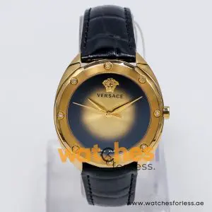 Versace Women’s Quartz Swiss Made Black Leather Strap Champagne Dial 38mm Watch VEBM00318-1 (Shelf Leftover)