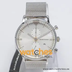 Emporio Armani Men’s Chronograph Quartz Silver Stainless Steel Silver Sunray Dial 43mm Watch AR0390-1(Shelf Leftover)