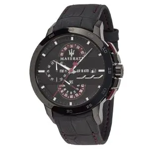 Maserati Men’s Chronograph Quartz Black Leather Strap Black Dial 45mm Watch R8871619003