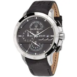 Maserati Men’s Chronograph Quartz Black Leather Strap Black Dial 45mm Watch R8871619004