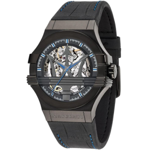 Maserati Men’s Automatic Black Leather Strap Black Skeleton Dial 42mm Watch R8821108009