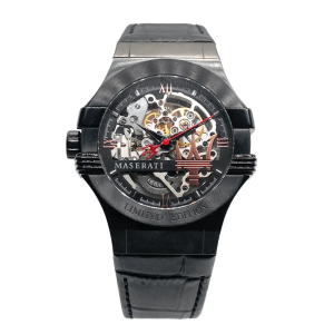 Maserati Men’s Automatic Black Leather Strap Black Skeleton Dial 42mm Watch R8821108021 (Shelf Leftover)