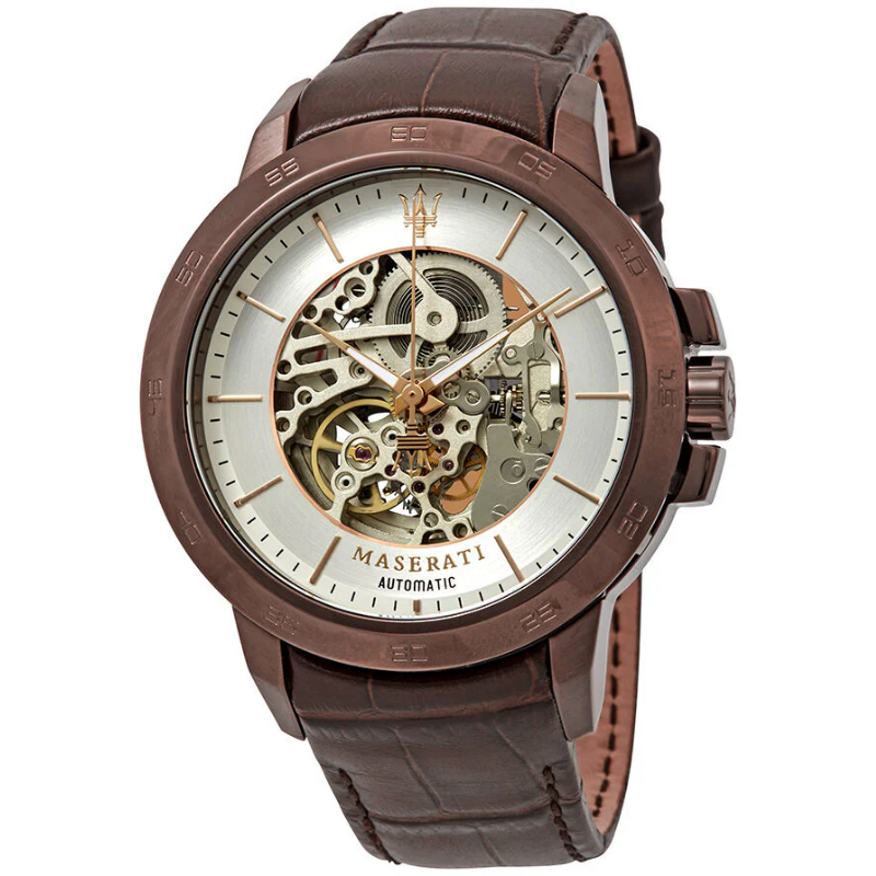 Maserati Men’s Automatic Brown Leather Strap Silver Skeleton Dial 44mm Watch R8821119003