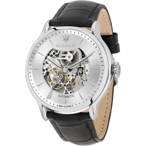 Maserati Men’s Automatic Black Leather Strap Silver Skeleton Dial 42mm Watch R8821118003