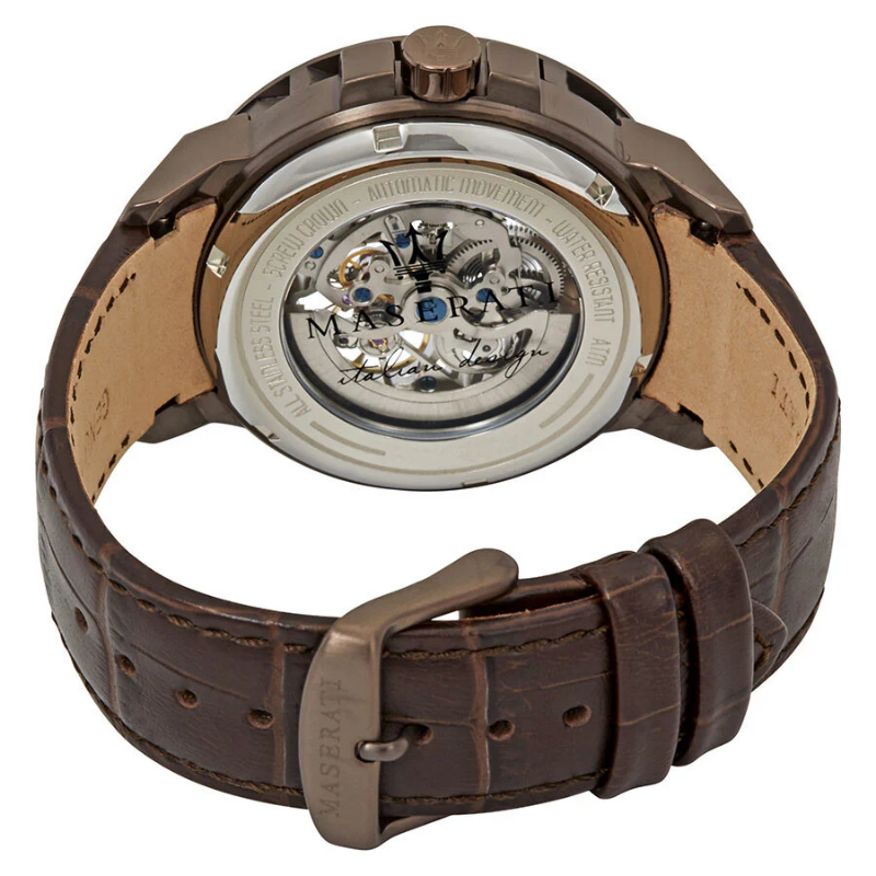 Maserati Men’s Automatic Brown Leather Strap Silver Skeleton Dial 44mm Watch R8821119003 - Image 3